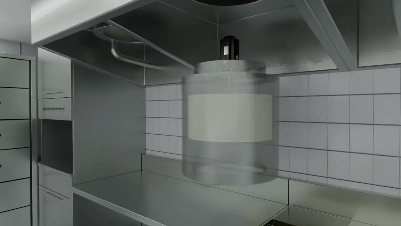 Animation of the Lynx Kitchen separator mounted under an extraction hood in a commercial kitchen.